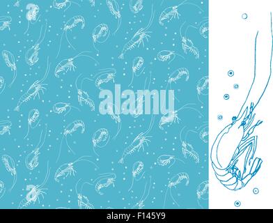 Shrimps. Seamless pattern motif. White color linear drawing on blue background Stock Vector