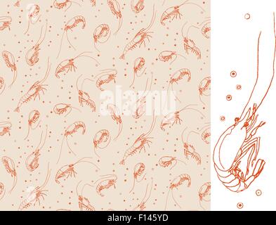 Shrimps. Seamless pattern motif. Orange color linear drawing on beige background Stock Vector