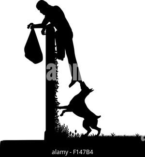 EPS8 editable vector silhouette of a guard dog stopping a thief from escaping over a high garden wall with figures as separate o Stock Vector