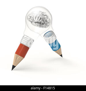 3d metal human brain inside pencil light bulb as concept Stock Photo
