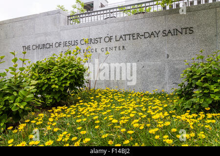 The Mormon Conference Center sign in Salt Lake City, Utah, USA. Stock Photo