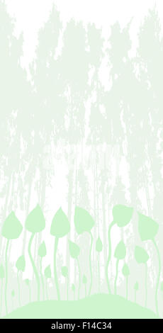 A group of mushrooms silhouetted against a white background with pale green trees Stock Photo