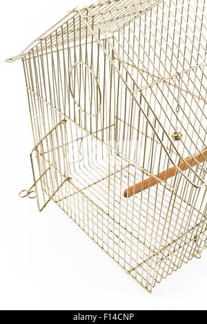 Empty Bird Cage with opened door isolated on white Stock Photo