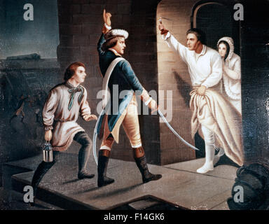 PAINTING CAPTURE OF FORT TICONDEROGA MAY 10, 1775 BY ETHAN ALLEN AND GREEN MOUNTAIN BOYS DEMAND SURRENDER OF BRITISH FORCES Stock Photo