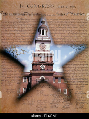 INDEPENDENCE HALL PHILADELPHIA INSIDE A STAR SHAPE IN THE CENTER OF DECLARATION OF INDEPENDENCE