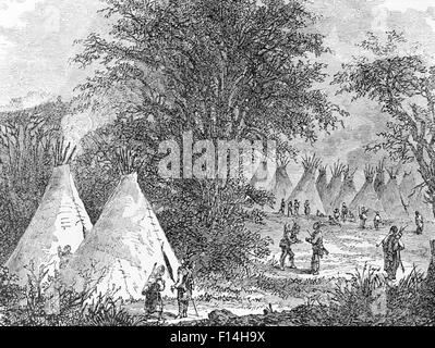 1800s 1870s 1880s TEPEES OF SIOUX INDIAN VILLAGE IN THE LATE 19TH CENTURY ENGRAVING Stock Photo