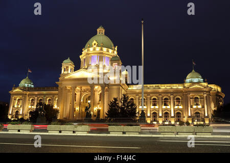 The Serbian Parliament building in Belgrade, Serbia. The building is illuminated. Stock Photo