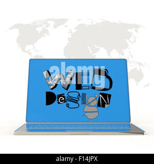 hand drawn web design on laptop screen computer and world map background as concept Stock Photo