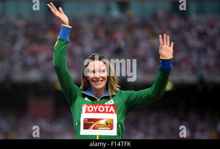 Beijing, China. 27th Aug, 2015. Silver medalist Brazil's Fabiana Murer celebrates during the women's pole vault awarding ceremony at the IAAF World Championships at the 'Bird's Nest' Naitonal Stadium in Beijing, capital of China, Aug. 27, 2015. Credit:  Li Wen/Xinhua/Alamy Live News Stock Photo