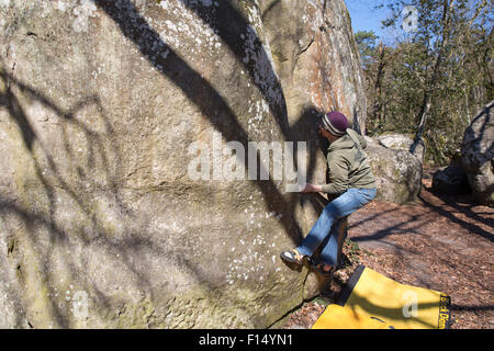 Bouldering in Fontainebleau Stock Photo