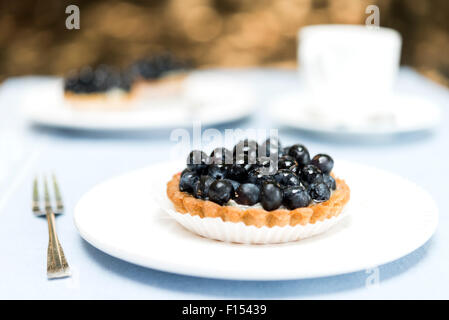Close up of fresh blueberry pie tart on white plate and blue table Stock Photo
