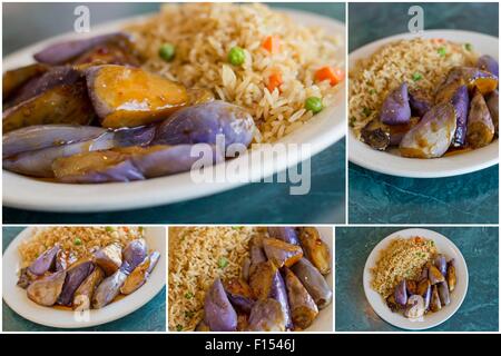 Collage images of Chinese sauteed eggplant with oyster sauce and fried rice Stock Photo