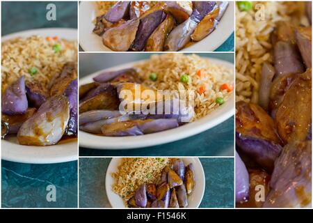 Collage images of Chinese sauteed eggplant with oyster sauce and fried rice Stock Photo