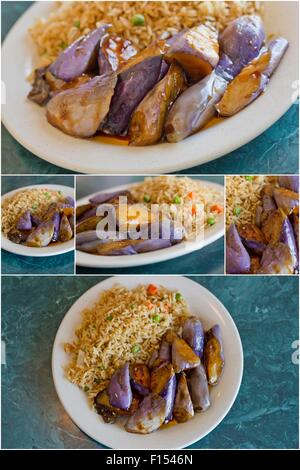 Collage images of Chinese sauteed eggplant with oyster sauce and fried rice Stock Photo