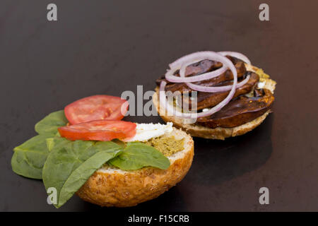 Portobello mushroom sandwich with goat cheese and pesto Stock Photo