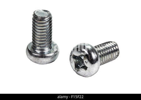 Closeup metal screw (bolt) and nuts on white background. Stock Photo