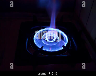 Premium Photo  Boiling water in ladle on blue flame burner steel pot on  gas burner