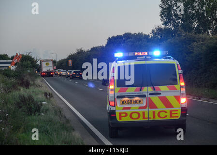 Bridgwater, UK. 27th August, 2015. Police have had to impose improvised road blocks on surrounding roads to house the ever increasing lorry car park in Bridgwater. Credit:  Michael Scott/Alamy Live News Stock Photo