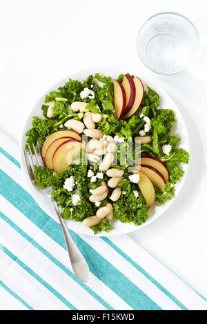 Kale, sliced plum, white bean and feta salad with blue striped napkin, fork and glass of water, studio shot on white background Stock Photo