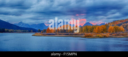 Oxbow Bend on Snake River, Mount Moran at Sunset, Autumn, Grand Teton Mountains, Grand Teton National Park, Wyoming, USA Stock Photo