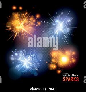 Vector Sparks. A set of vector electrical and fire sparks. Vector illustration. Stock Vector