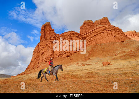 Cowboy Riding Horse, Wyoming, USA Stock Photo