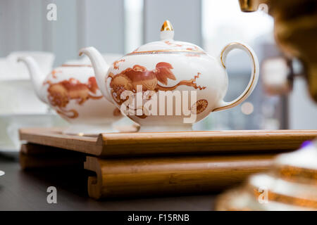 Teapots on Tray for Chinese Tea Ceremony for Wedding Stock Photo