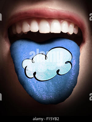 woman with open mouth spreading tongue colored in cloud networking sign as concept Stock Photo