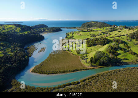 Puhoi River, North Auckland, North Island, New Zealand - aerial Stock Photo