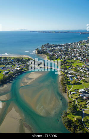 Orewa, Orewa River, and Red Beach, Hibiscus Coast, North Auckland, North Island, New Zealand - aerial Stock Photo