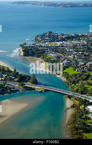 Orewa, Orewa River, and Red Beach, Hibiscus Coast, North Auckland, North Island, New Zealand - aerial Stock Photo