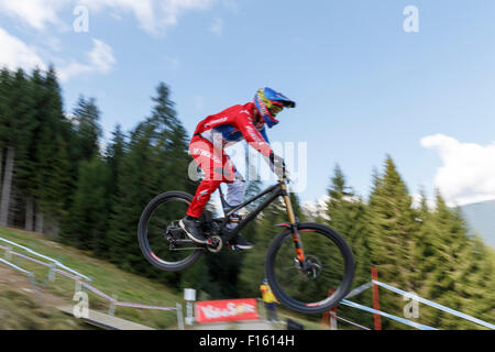 Val Di Sole, Italy - 22 August 2015: Specialized Racing Team rider GWIN Aaron, in action during the mens elite Downhill final World Cup at the Uci Mountain Bike in Val di Sole, Trento, Italy Stock Photo