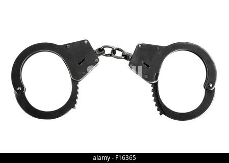 big black handcuffs, close-up, on white background; isolated