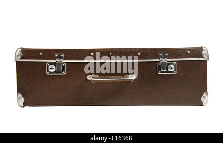 rarity brown leather suitcase in the lying position, on white background; isolated Stock Photo