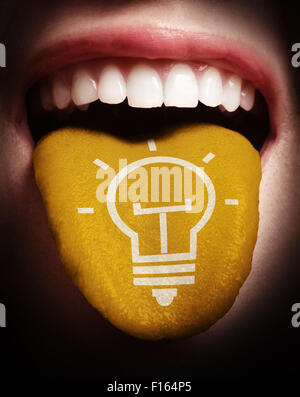 woman with open mouth spreading tongue colored in blue and lightbulb as concept Stock Photo