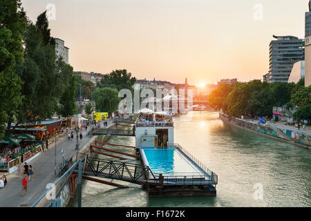 Vienna, Badeschiff (bathing ship), floating public swimming pool on Danube River. Stock Photo