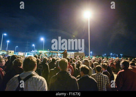 Bridgwater, UK. 27th August, 2015. James Hole, the Somerset Farmers For Action co-ordinator talks to hundreds of farmers who were protesting at the Morrisons distribution depot in Bridgwater. Credit:  Michael Scott/Alamy Live News Stock Photo