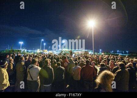 Bridgwater, UK. 27th August, 2015. James Hole, the Somerset Farmers For Action co-ordinator talks to hundreds of farmers who were protesting at the Morrisons distribution depot in Bridgwater. Credit:  Michael Scott/Alamy Live News Stock Photo