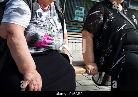two overweight women sitting on a bench Stock Photo