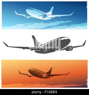 Flying Airplane set. Isolated silhouette and airplanes against morning or sunset sky. Stock Vector