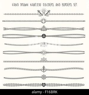 Set of nautical ropes and chains decor elements. Hand drawn dividers and borders. Only free font used. Stock Vector