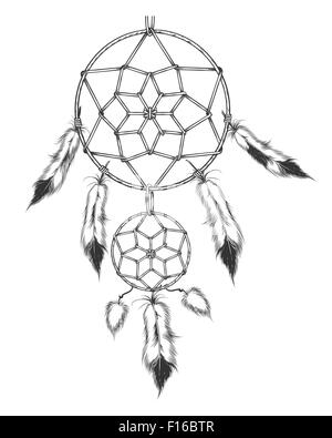 Dream catcher, traditional symbol of Native americans. Engraving style. Isolated on white. Stock Vector