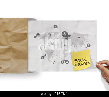sticky note human social network on crumpled paper background as ...