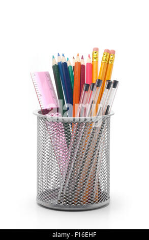 Isolated metal pot filled with pens and pencils Stock Photo