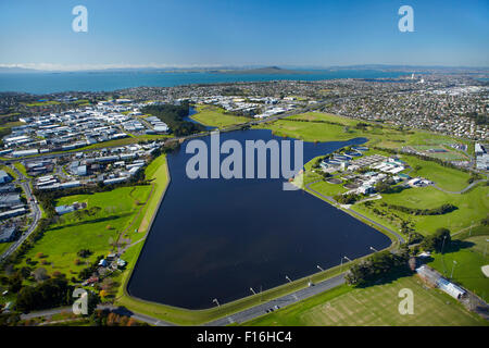 Rosedale Dam and Rosedale Wastewater Treatment Plant, Auckland, North Island, New Zealand - aerial Stock Photo