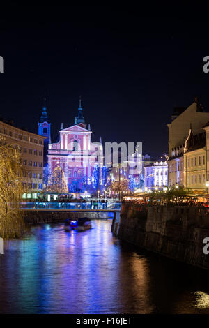 Decorated Ljubljana for New Years holidays, panoramaPanorama of St. Francis church and Preseren square, decorated for Christmas Stock Photo