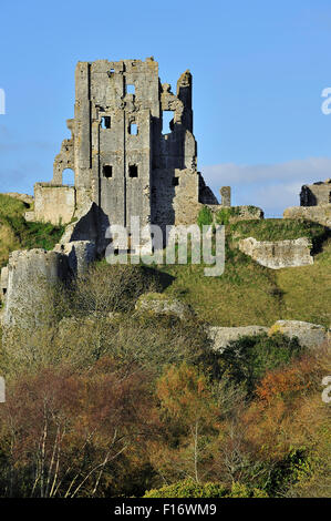 Ruins of the medieval Corfe Castle in autumn on the Isle of Purbeck along the Jurassic Coast in Dorset, southern England, UK Stock Photo