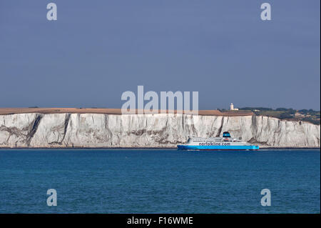 Norfolkline ferry boat on the North Sea, passing the white chalk cliffs of Dover along the English Channel in Kent, England, UK Stock Photo