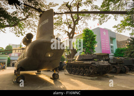 Vietnam museum Saigon, discarded US military equipment on display outside the War Remnants Museum in Ho Chi Minh City, HCMC. Stock Photo