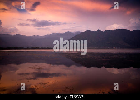 India, Jammu & Kashmir, Srinagar, Zabarwan mountains reflected in Dal Lake at daybreak